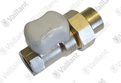Vaillant Gasabsperrhahn mit weißem Bedienknopf und metallischen Anschlussgewinden, sichtbar in einer aufrechten Position.